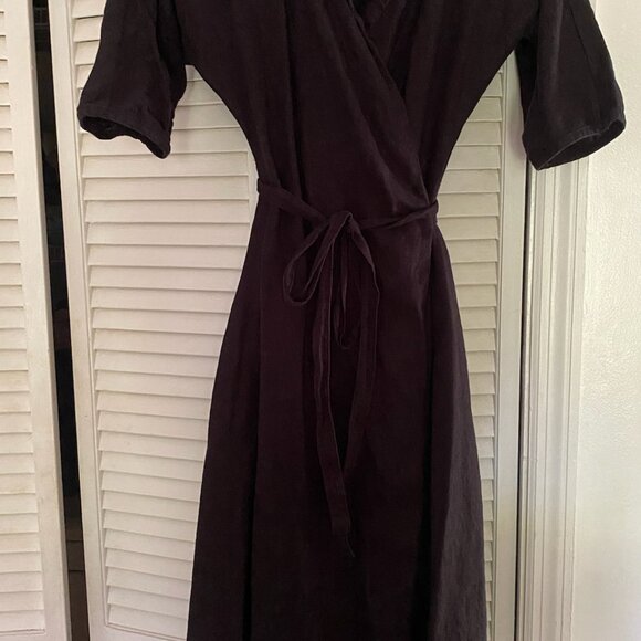 Black Linen Midi A-Line Wrap Dress by LinenHandmadeStudio - Picture 2 of 4